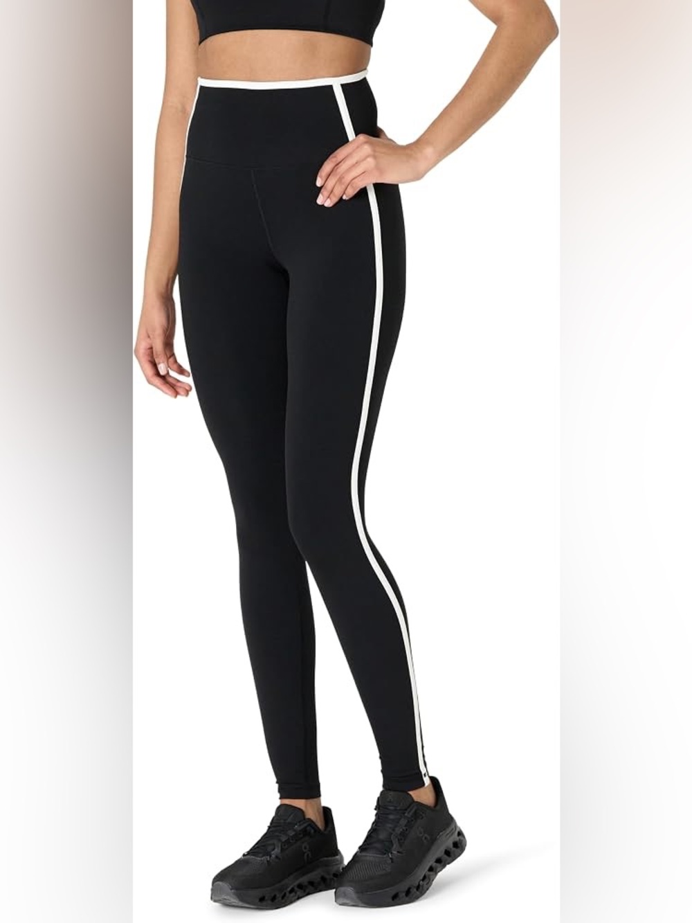 Athleta Salutation Black Leggings with White Side Stripe